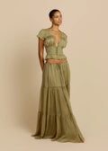Olive Green Lace Trim Set - French Romantic Two-Piece Set