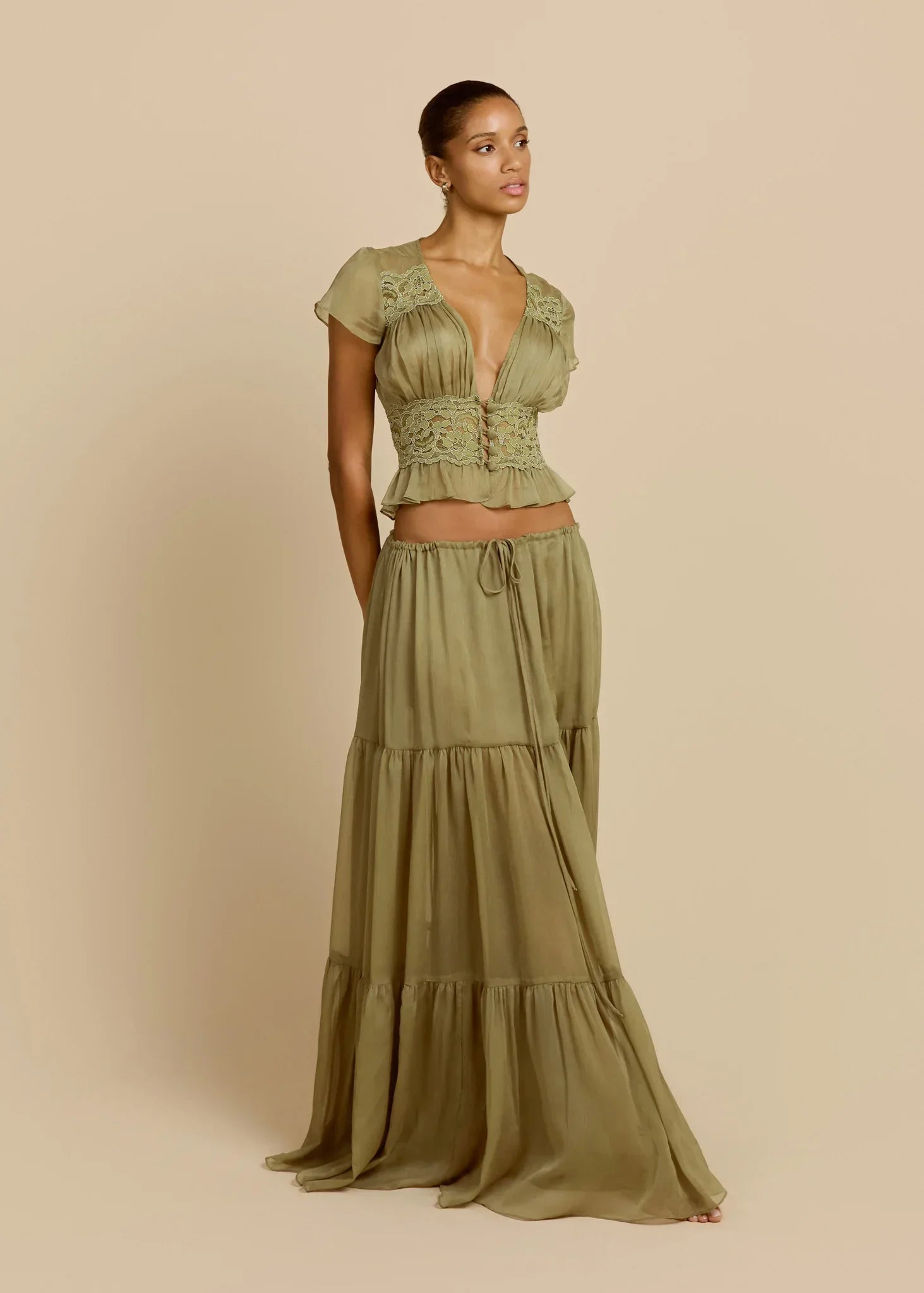 Olive Green Lace Trim Set - French Romantic Two-Piece Set