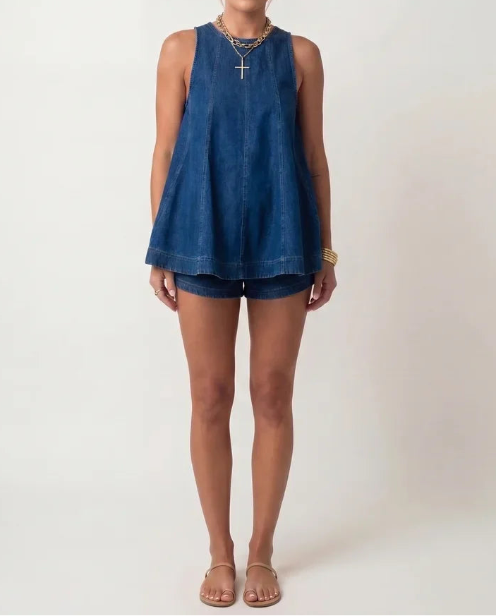 Denim Sleeveless A-Line Top & Shorts Set