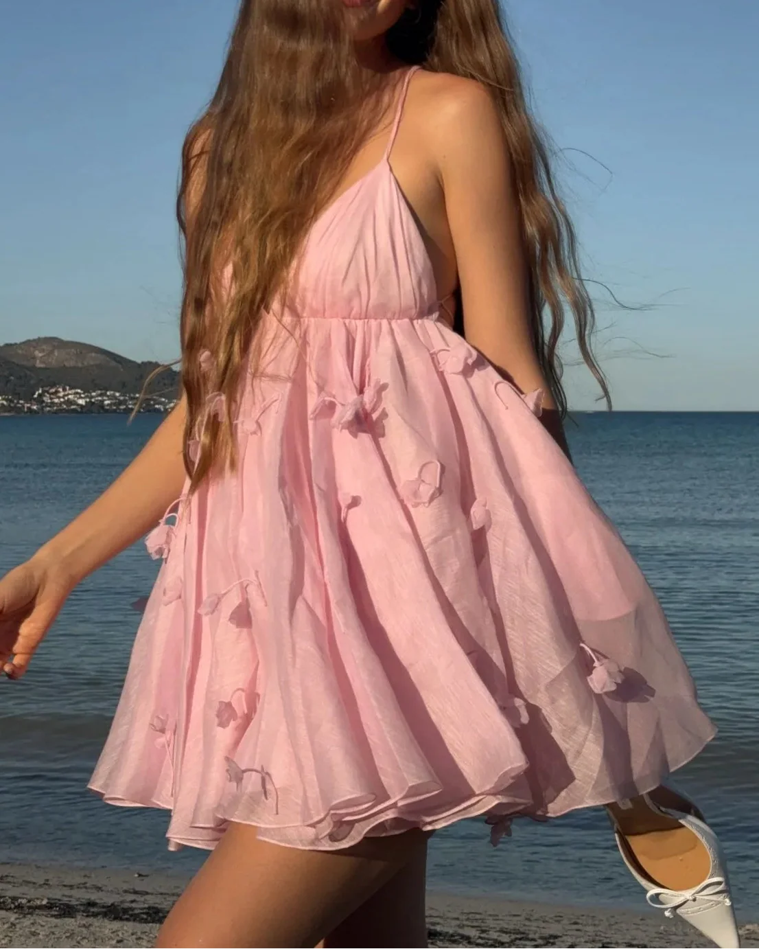Halter Deep Open Back Flower Pink Beach Vacation Mini Dress