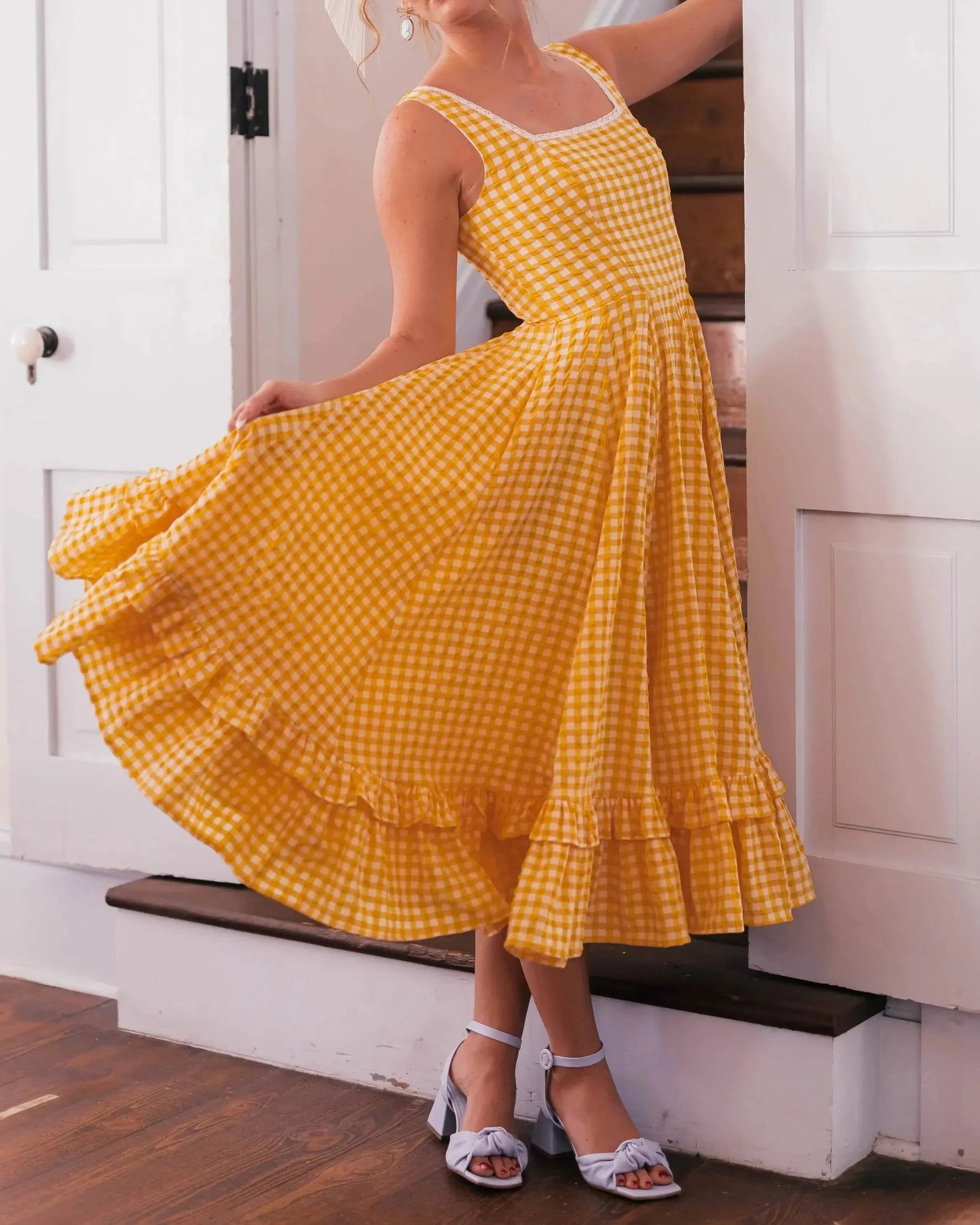 Yellow Gingham Square Neck Cami Ruffle Hem Midi Dress