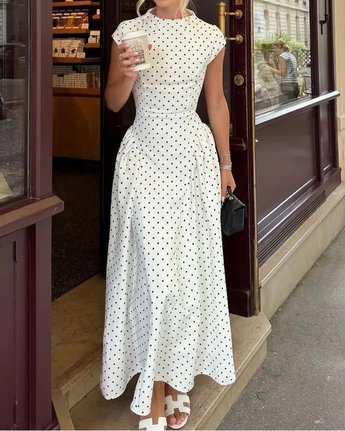 French Vintage Polka Dot Stand Collar Waist-Cinching Flare Maxi Dress | Elegant Commuter Slimming A-Line Dress