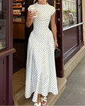 French Vintage Polka Dot Stand Collar Waist-Cinching Flare Maxi Dress | Elegant Commuter Slimming A-Line Dress
