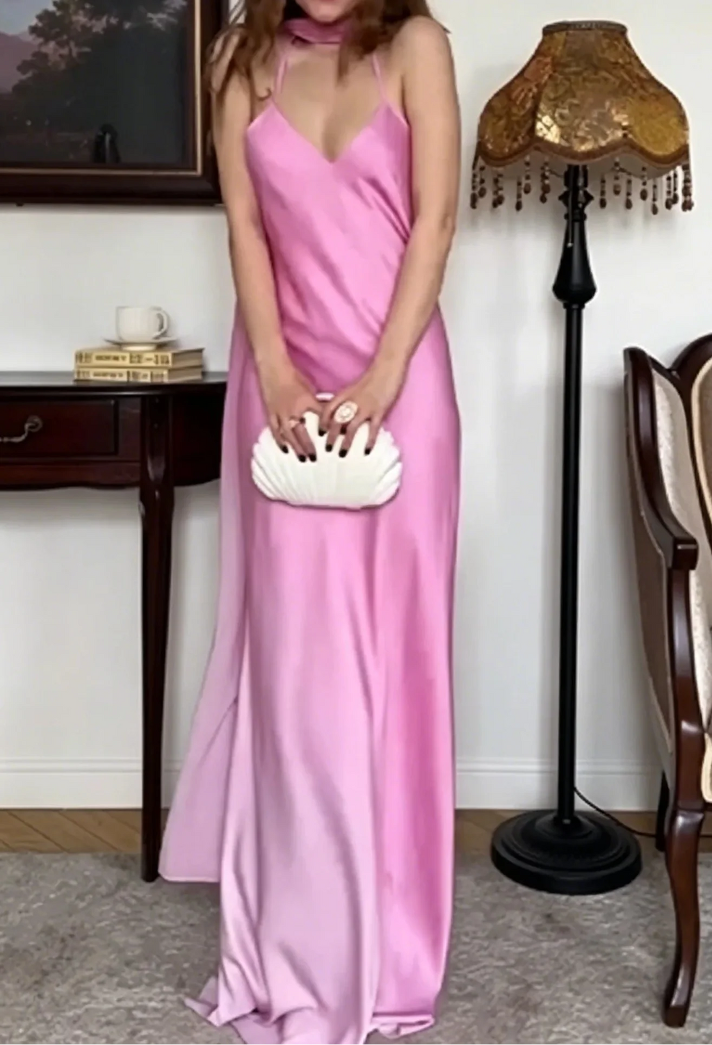 Pink Satin V-Neck Spaghetti Strap Backless Evening Gown with Drape
