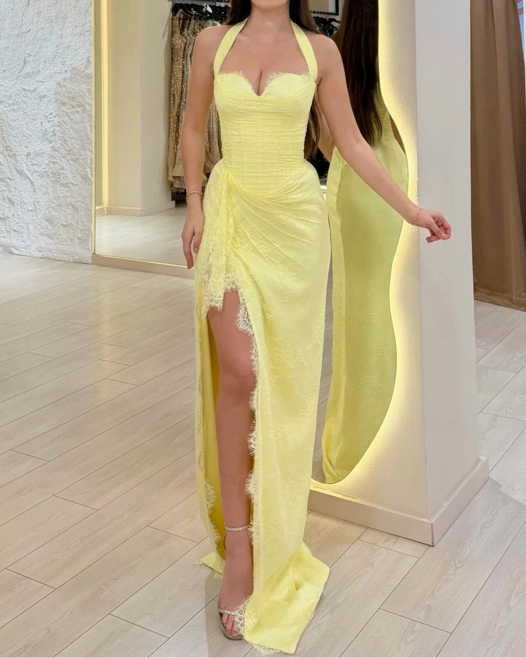 Yellow Halter Lace Slit Maxi Dress