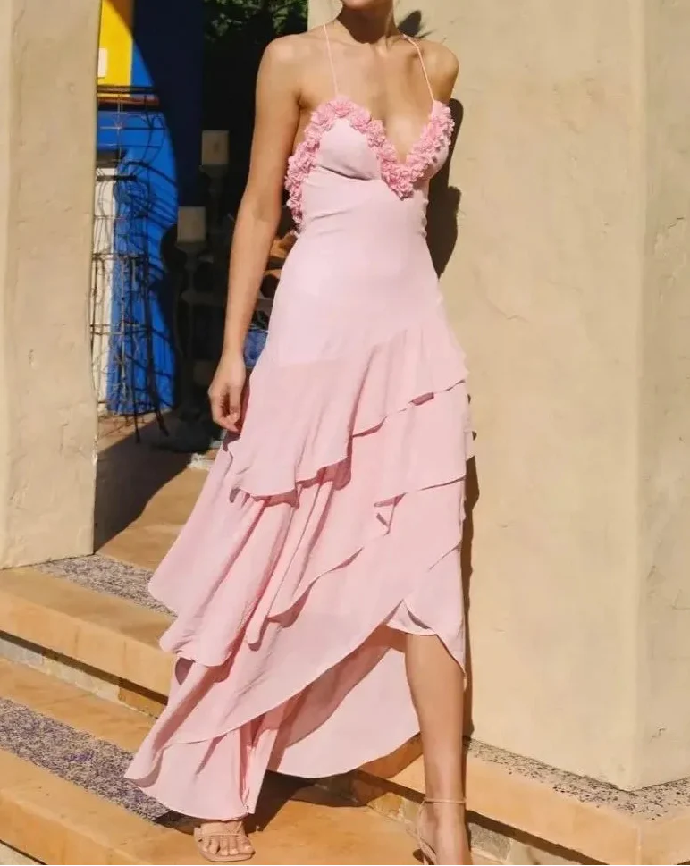 Pink 3D Flower Tie-Back Backless Ruffle Maxi Dress | Vacation Style Sexy Party Gown