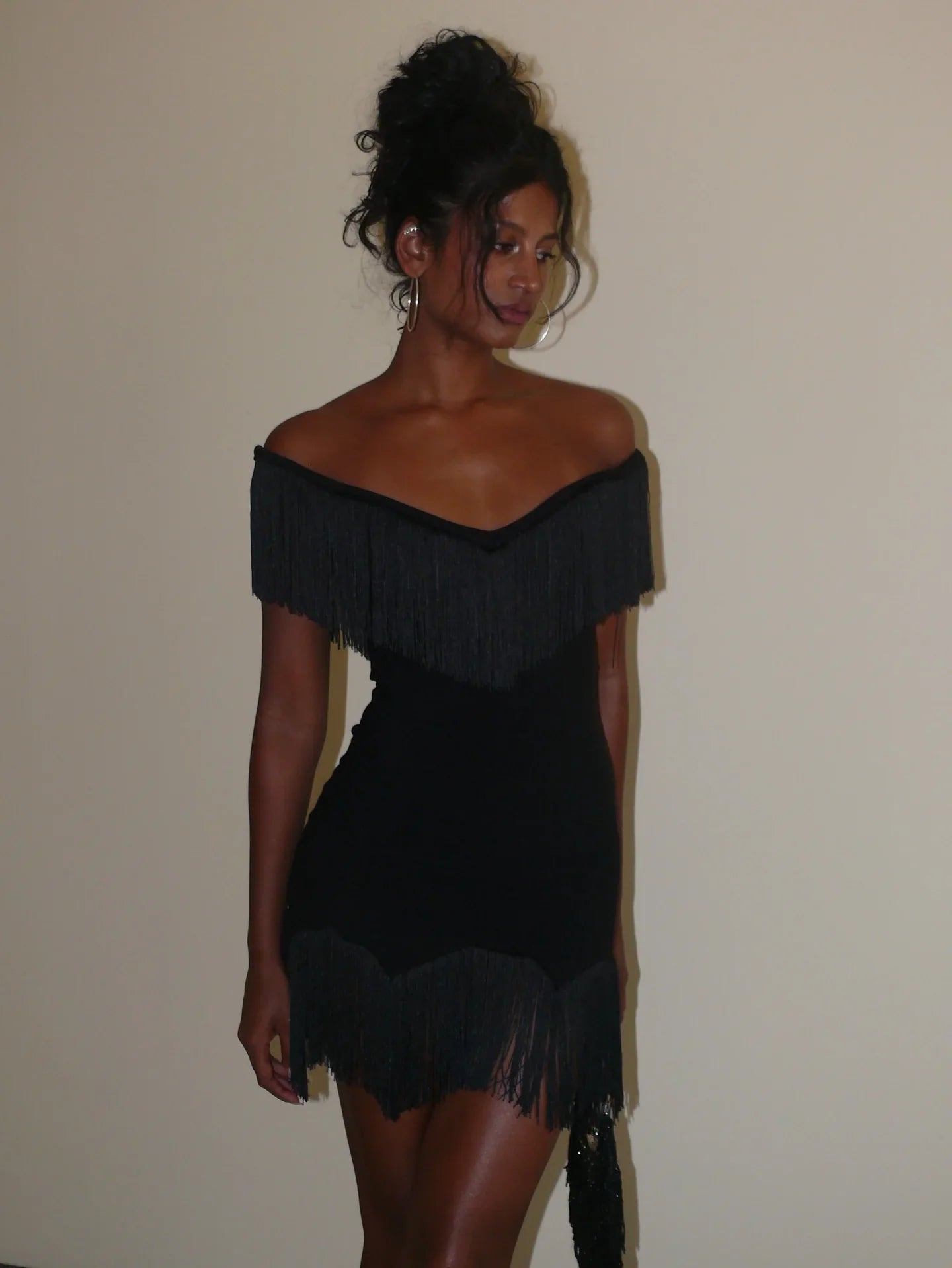 Off-Shoulder Double Fringe Bodycon Dress | Western Retro Sexy Mini Dress