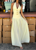 Light Yellow Halter Starfish Accent Waist-Cinched Chiffon Maxi Dress
