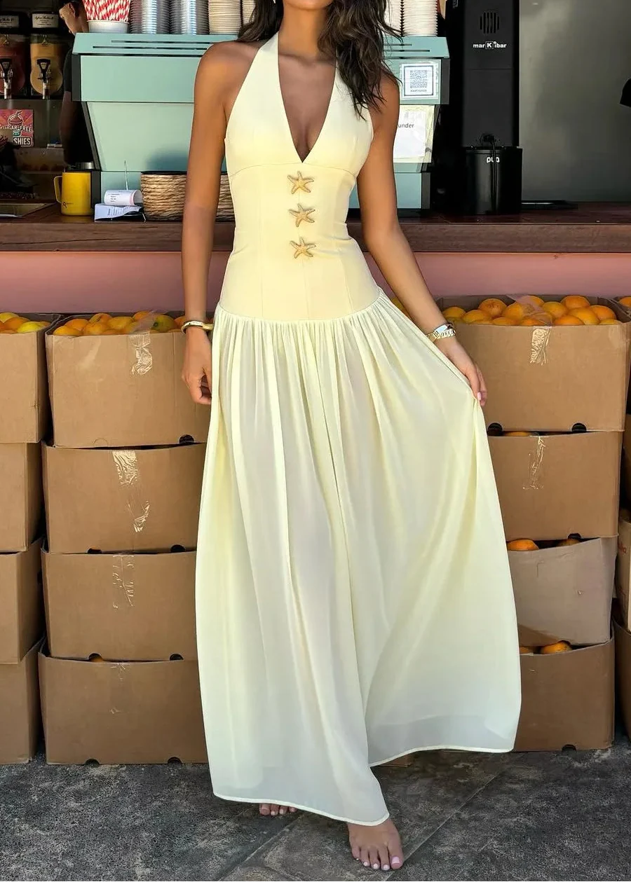 Light Yellow Halter Starfish Accent Waist-Cinched Chiffon Maxi Dress