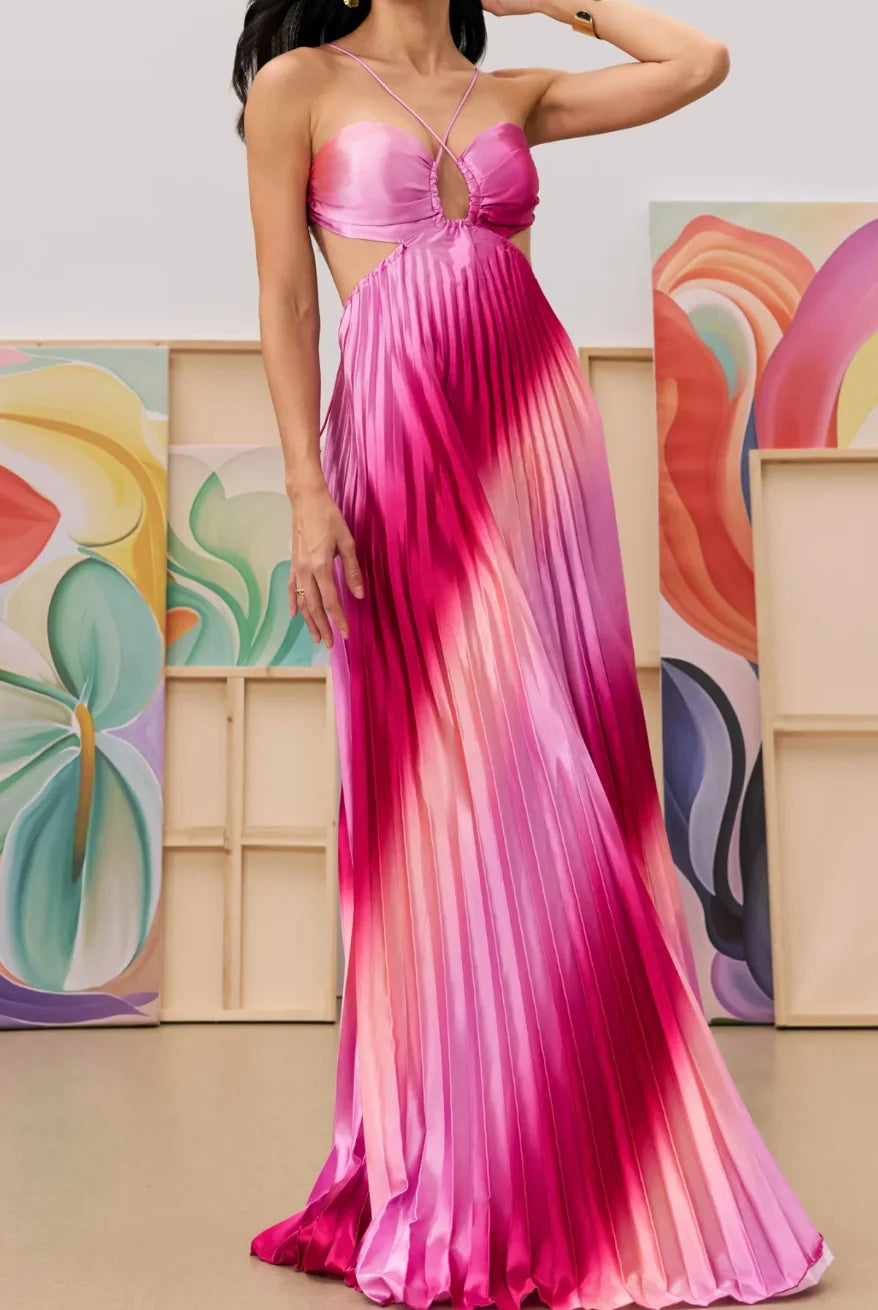 Women Spaghetti Strap Cutout Gradient Pleated Satin Maxi Evening Dress
