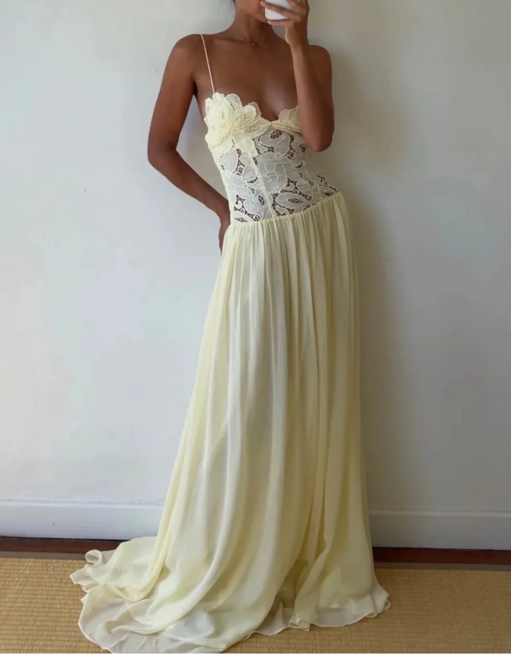 Cream Yellow 3D Floral Lace Patchwork Cross Backless Ruched Waist Flowy Maxi Vacation Dress