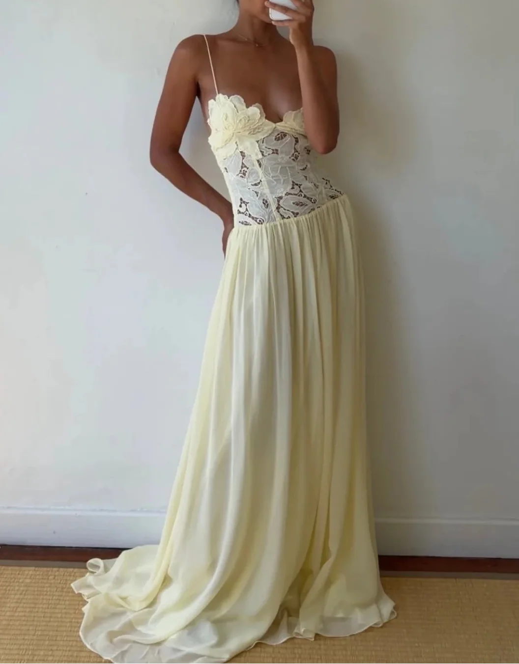 Cream Yellow 3D Floral Lace Patchwork Cross Backless Ruched Waist Flowy Maxi Vacation Dress