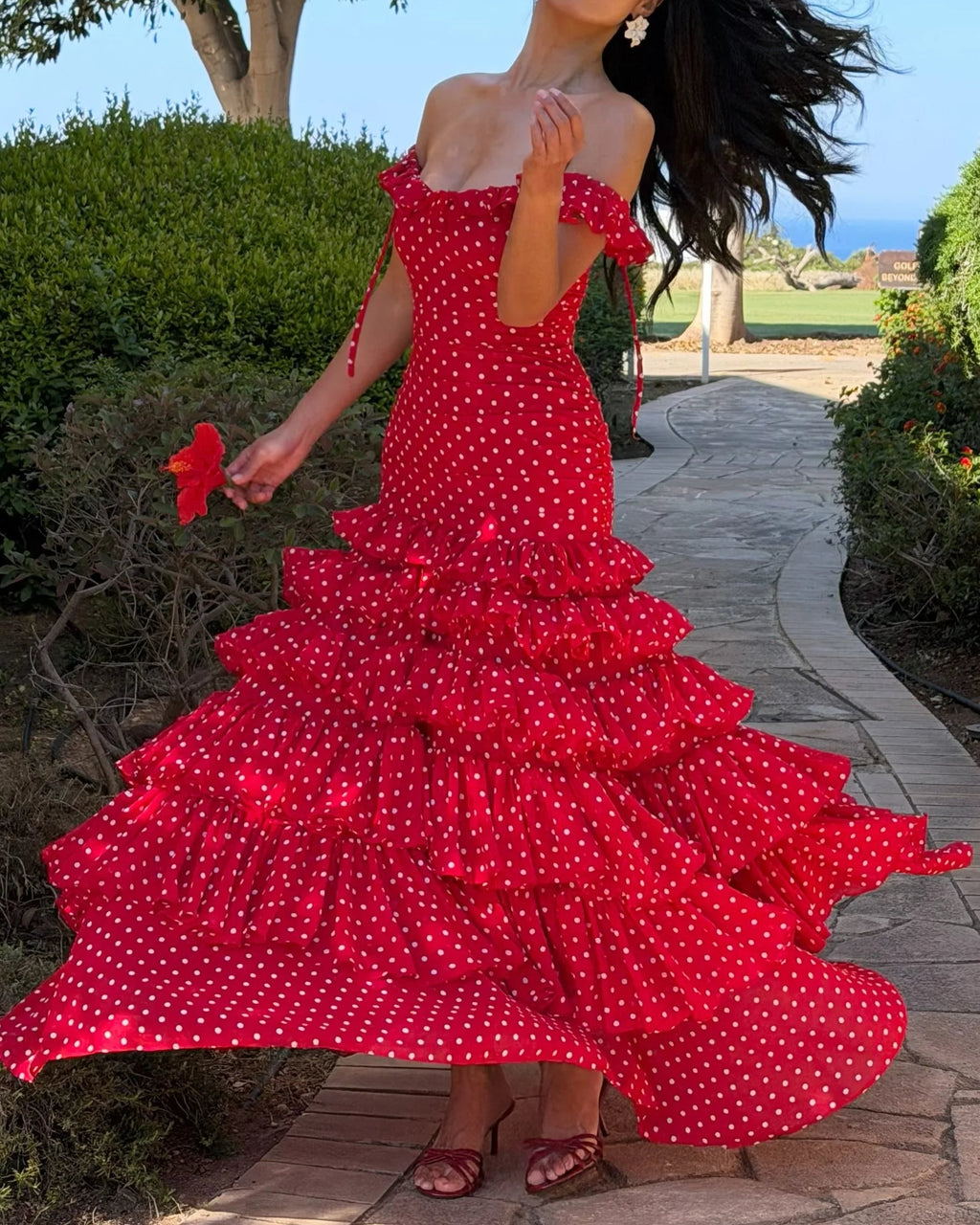 Polka Dot Off-Shoulder Tiered Ruffle Chiffon Maxi Dress