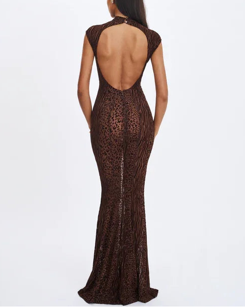 Brown Flocked Leopard Print Sheer Open-Back Turtleneck Mermaid Gown