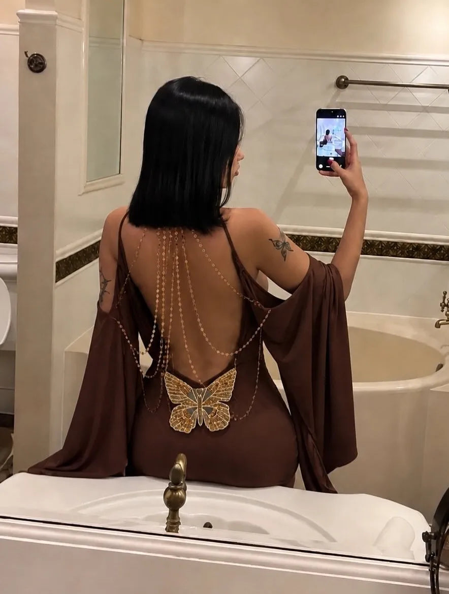 Brown Halter Cowl Neck Off-Shoulder Flare Sleeve Chain Backless Mini Dress