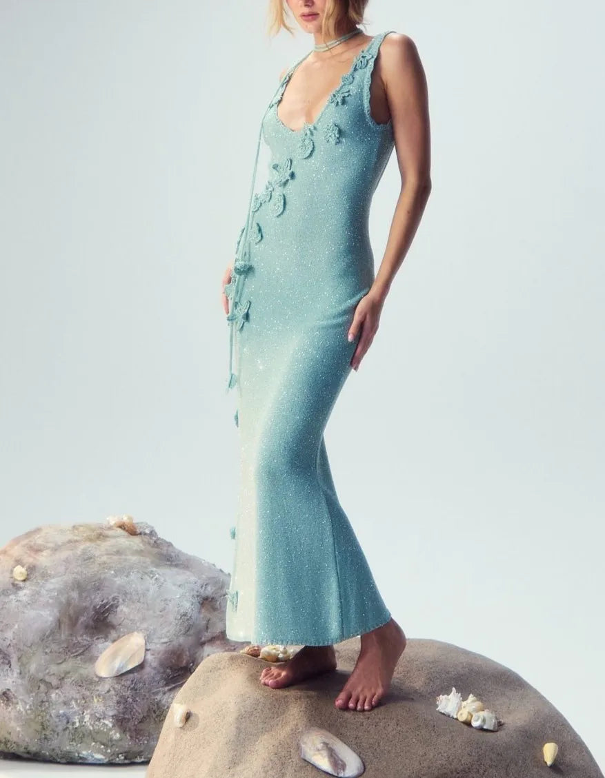 Women Sleeveless U Neck 3D Crochet Floral Sparkle Knit Midi Mermaid Dress With Lace Up Open Back
