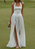 White Halter Fitted Waist Double High Slit Vacation Maxi Dress