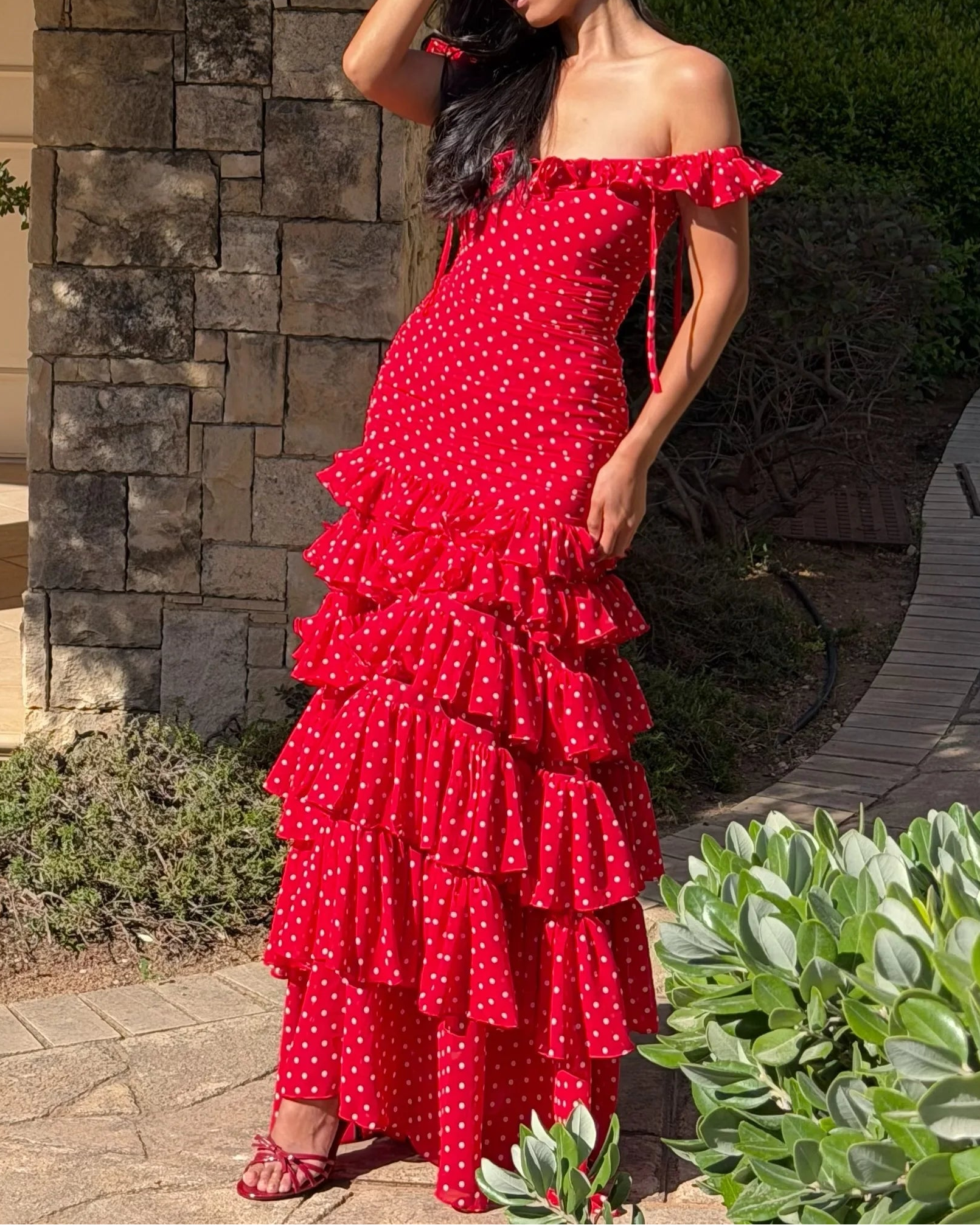 Polka Dot Off-Shoulder Tiered Ruffle Chiffon Maxi Dress