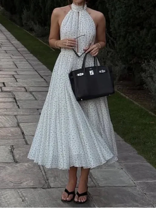 Polka Dot Halter Open Back Flowy A-line Maxi Dress