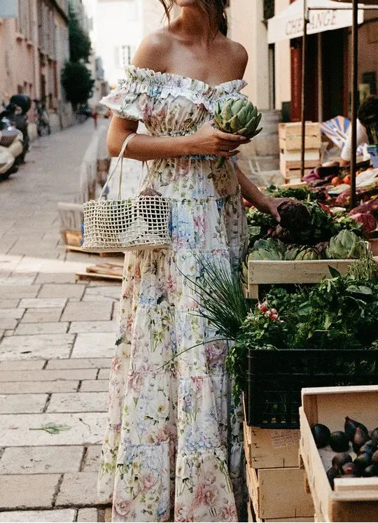 Hydrangea Floral Print Off Shoulder Smocked Waist Tiered Ruffle Maxi Dress