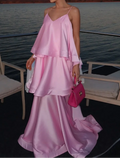 Pink Satin V-Neck Spaghetti Strap Tiered Ruffle Maxi Evening Gown