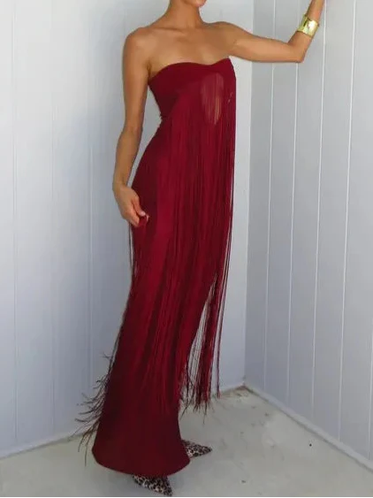 Burgundy Strapless Fringe Cut-Out Maxi Evening Gown