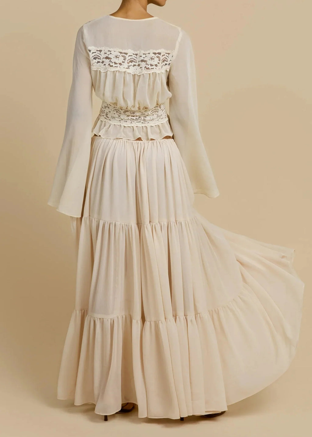 Lace Patchwork Flare Sleeve Waist Top + Tiered Ruffle Maxi Skirt Set