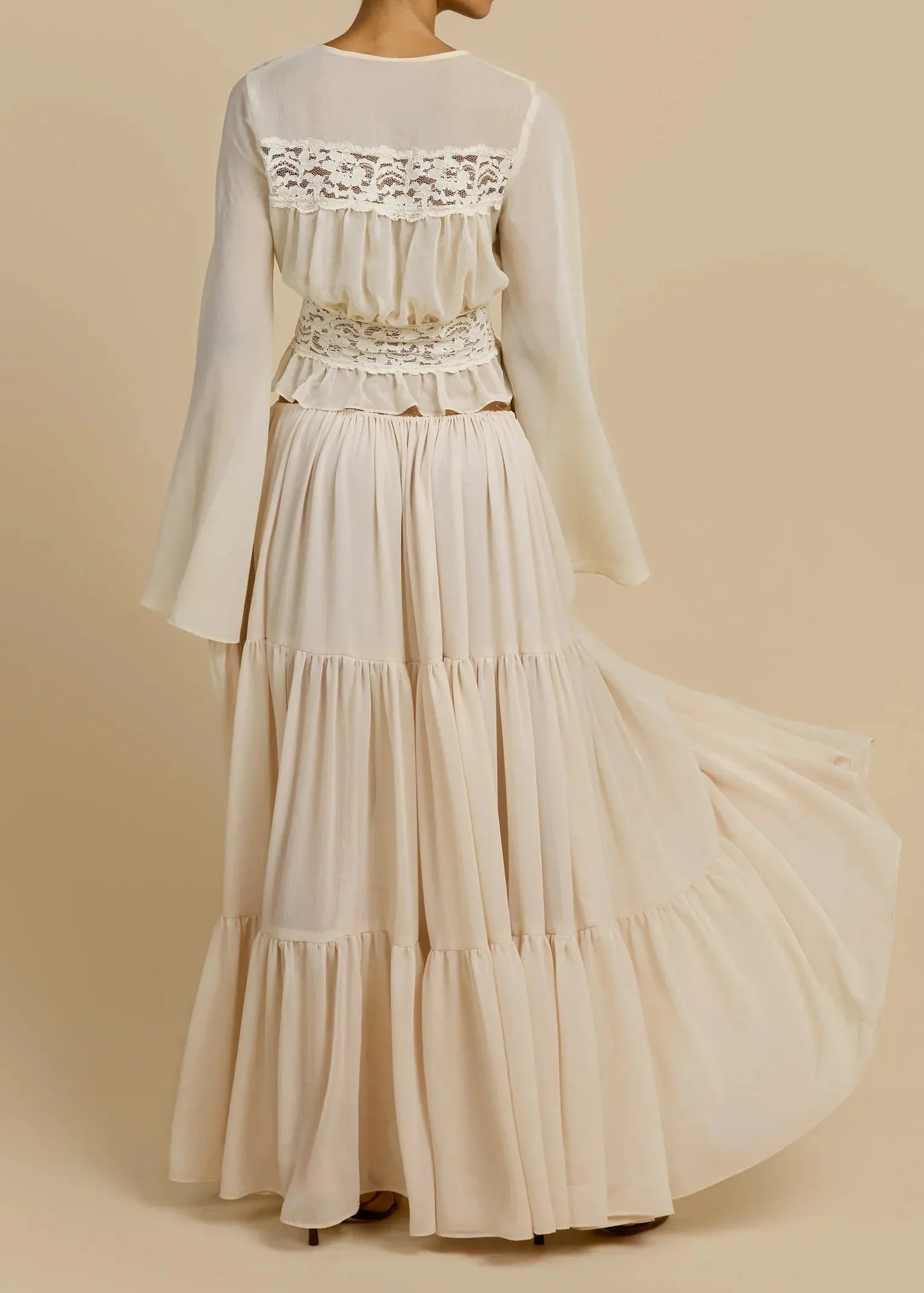 Lace Patchwork Flare Sleeve Waist Top + Tiered Ruffle Maxi Skirt Set