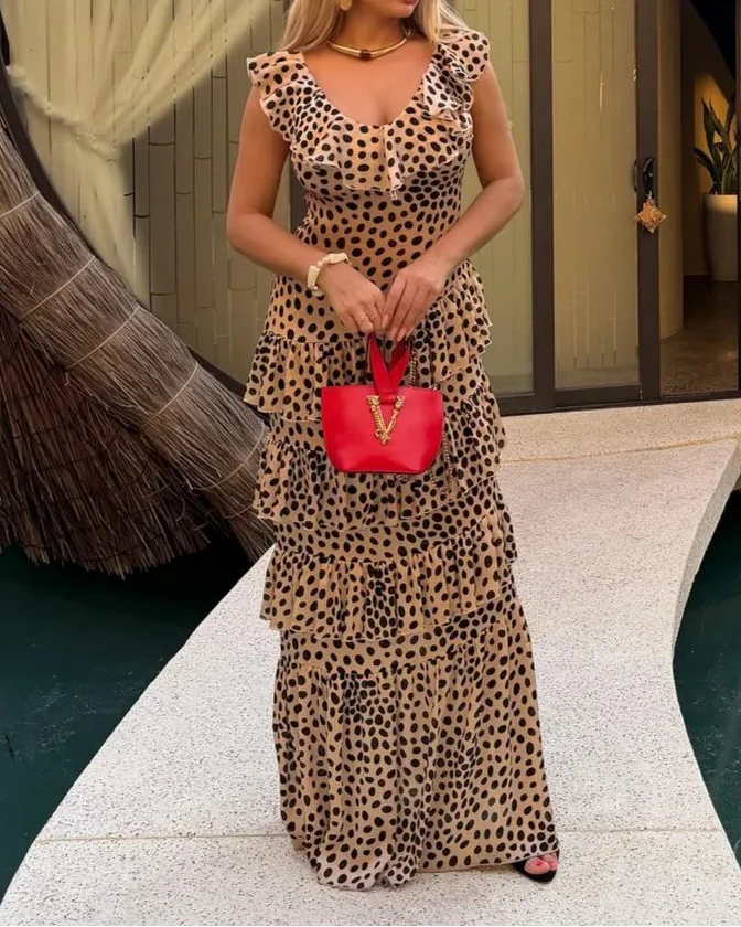 Wild Animal Print V-Neck Ruffle Split Maxi Dress