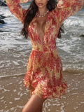 Yellow Red Floral Print Deep V-Neck Long Sleeve Chiffon Mini Dress