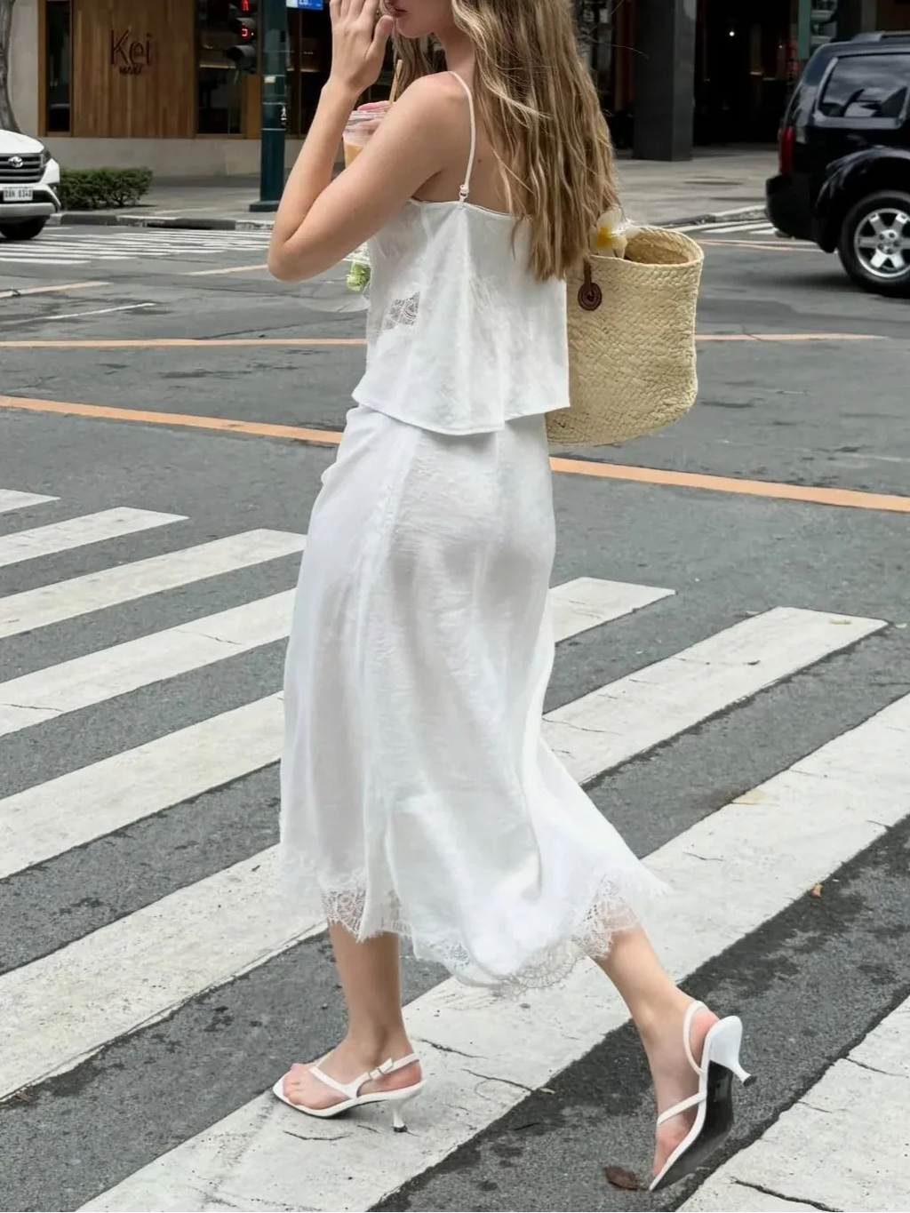 French Lazy Style Lace Patchwork Cami + Wrap Lace Hem Midi Skirt Set