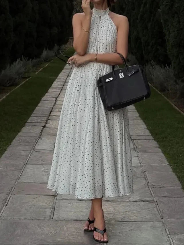 Polka Dot Halter Open Back Flowy A-line Maxi Dress