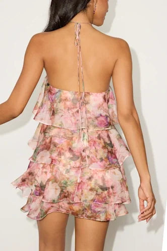 French Romantic Halter Floral Chiffon Multi-Layer Ruffle Mini Dress | Vacation Vibe A-Line Dress