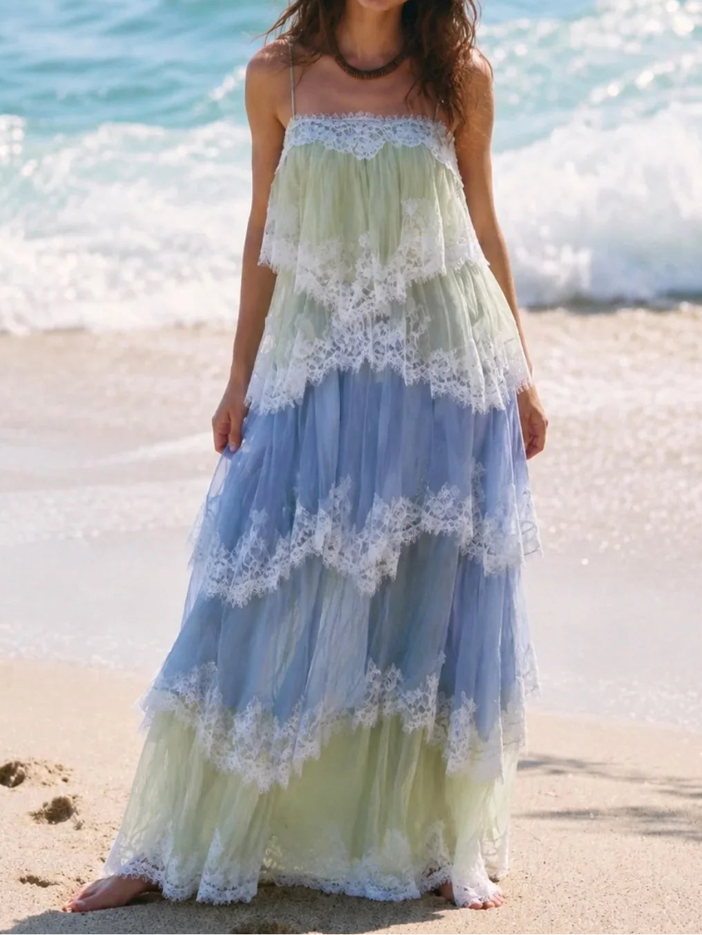 Gradient Green Blue Lace Crisscross Back Tiered Maxi Dress