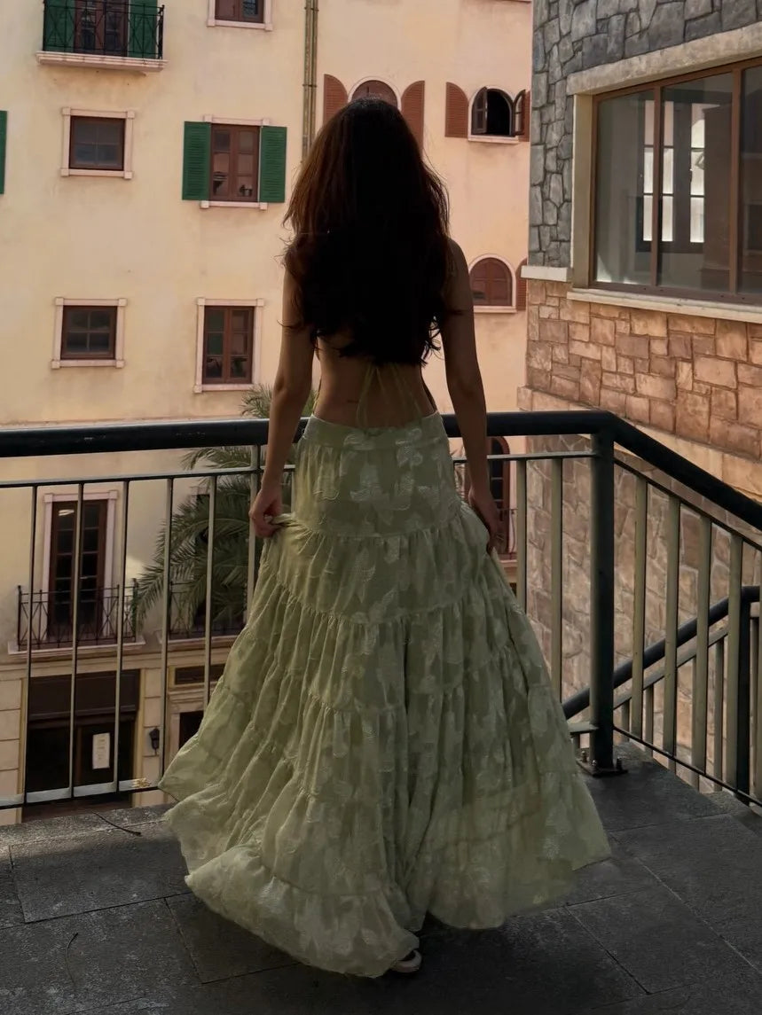 Light Green Jacquard Open-Back Tiered Maxi Dress