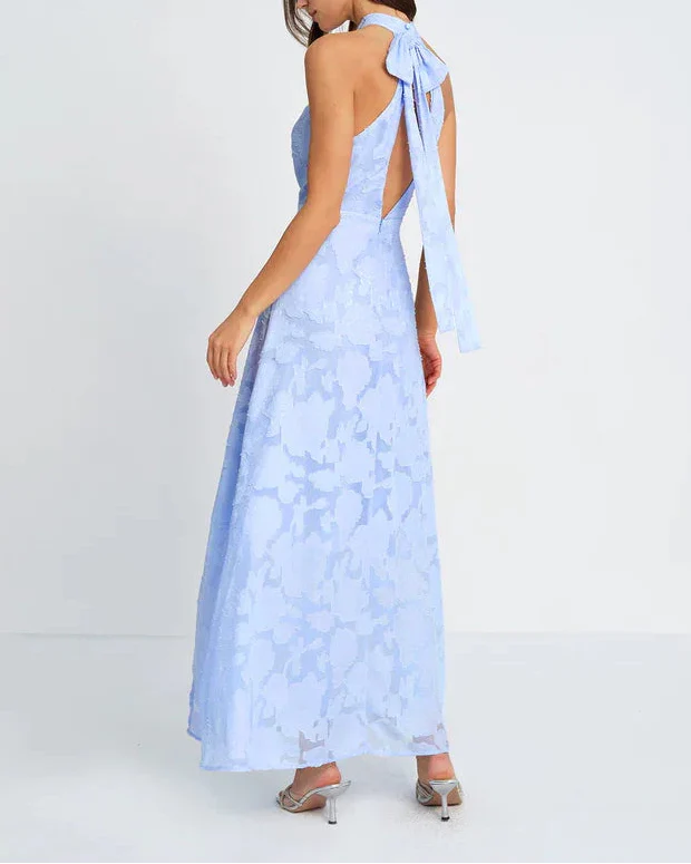 Light Blue Halter Jacquard Open Back Slit Maxi Dress