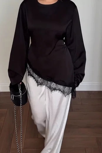 Satin Lace Trim Tie-Waist Flare Sleeve Top