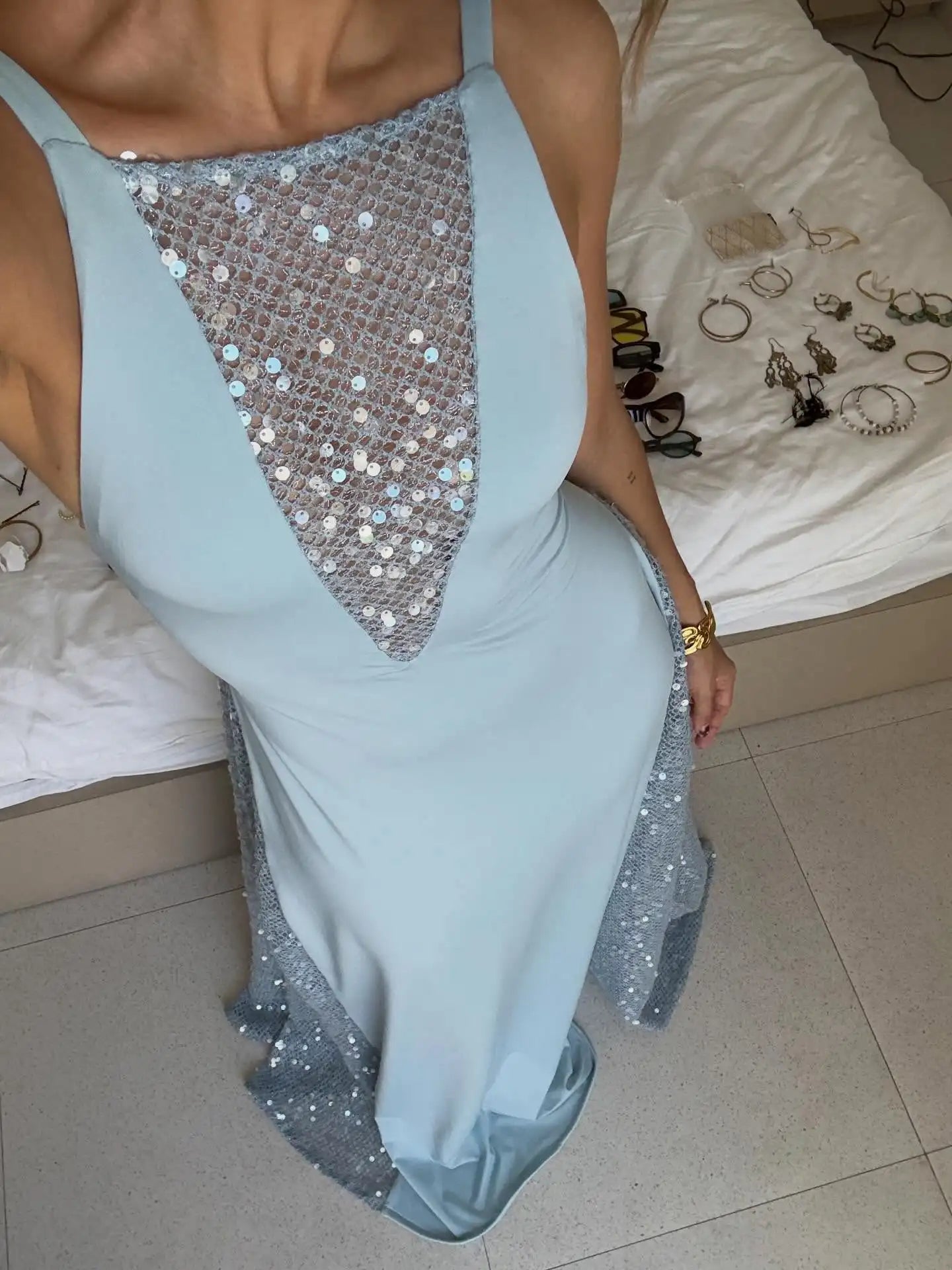 Light Blue Halter Neck Open Back Sequin Panel Drape Maxi Dress | Luxury Elegant Evening Gown