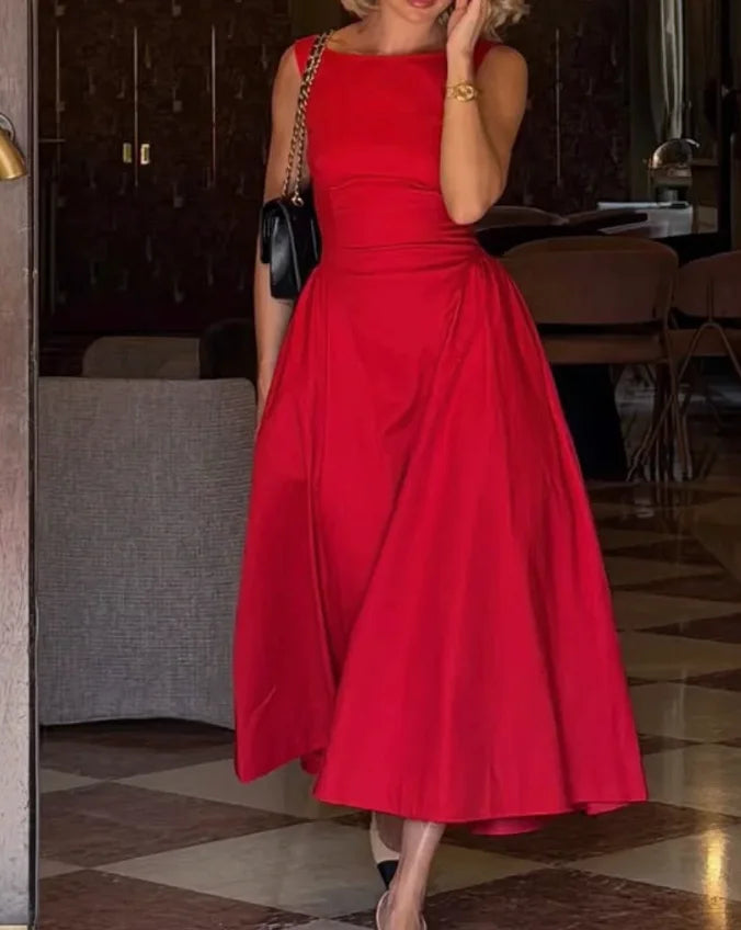 Women Sleeveless Boat Neck Open Back Solid A-Line Midi Dress