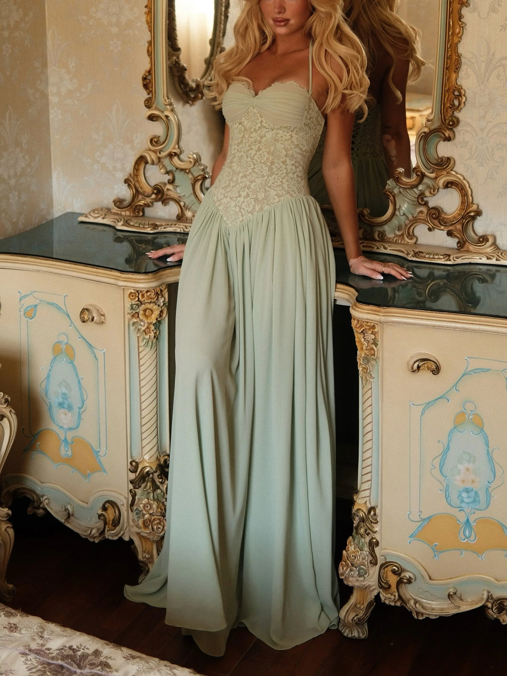 Women Thin Spaghetti Strap Eyelash Lace Corset Bodice Lace Up Back Chiffon Flowy Maxi Dress
