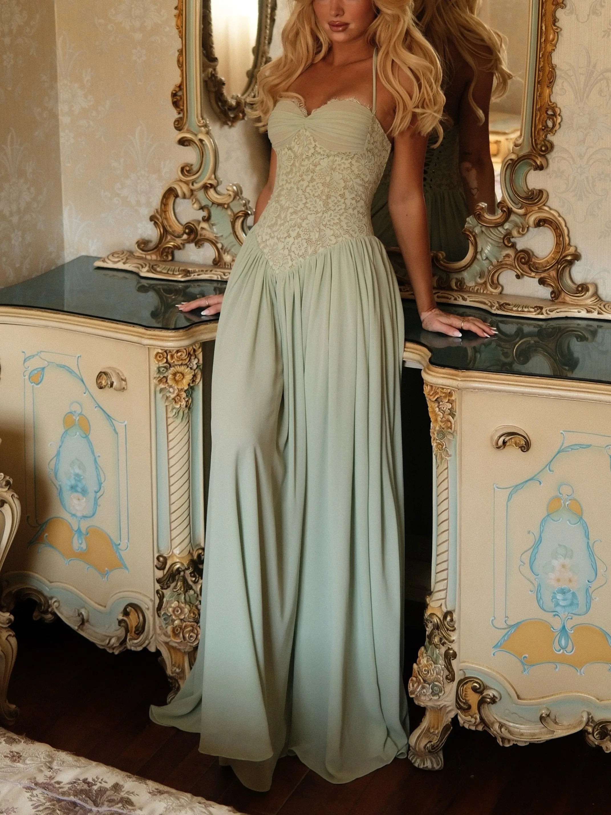 Women Thin Spaghetti Strap Eyelash Lace Corset Bodice Lace Up Back Chiffon Flowy Maxi Dress