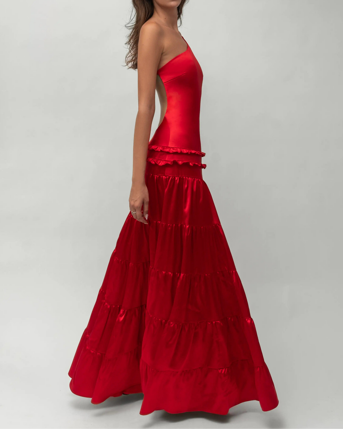 One-Shoulder Open-Back Satin Tiered Maxi Dress