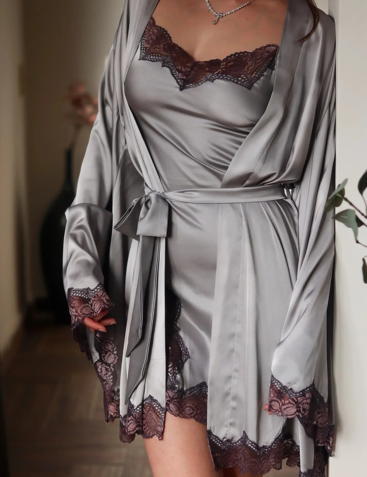 Satin Lace Trim Cami Nightgown & Robe Set