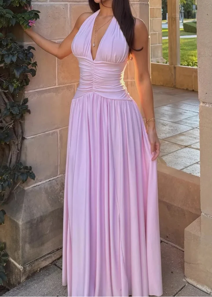 Halter Deep V Draped Maxi Waist Slimming Elegant Date Vacation Dress