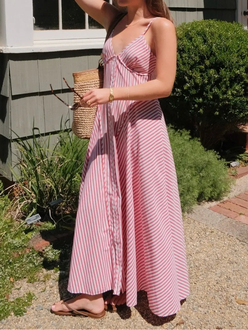 Red & White Striped V-Neck Cami Waisted Maxi Dress