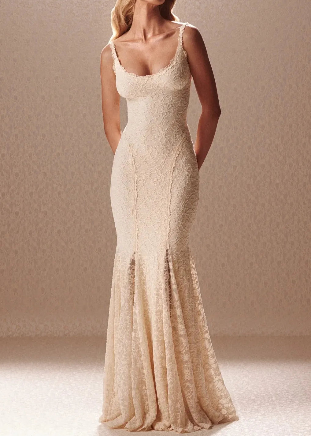 Champagne Lace Spaghetti Strap Corset Lace-Up Back Mermaid Maxi Gown