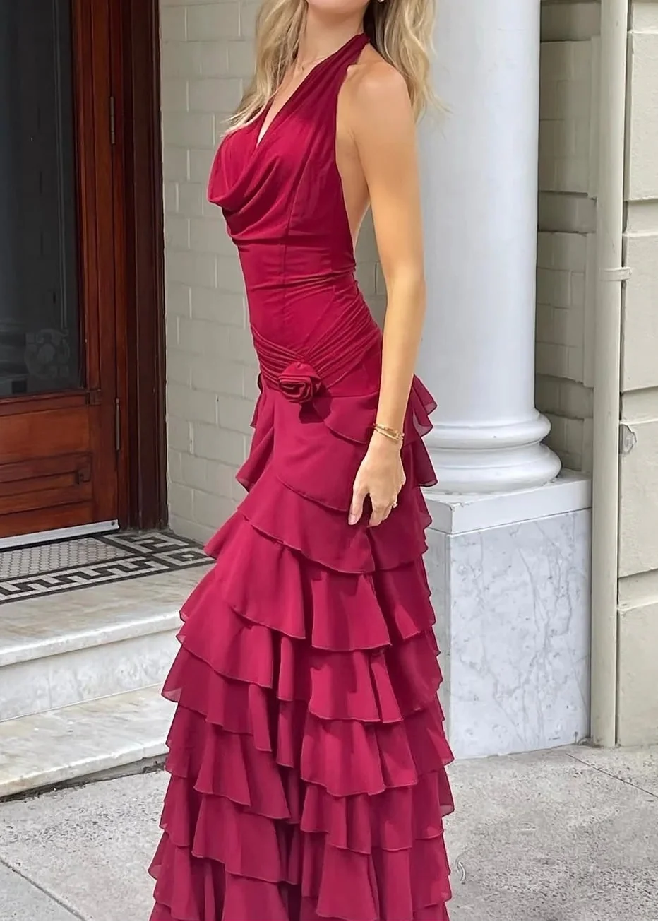 Burgundy Halter Ruched Rose Accent Ruffled Backless Maxi Dress