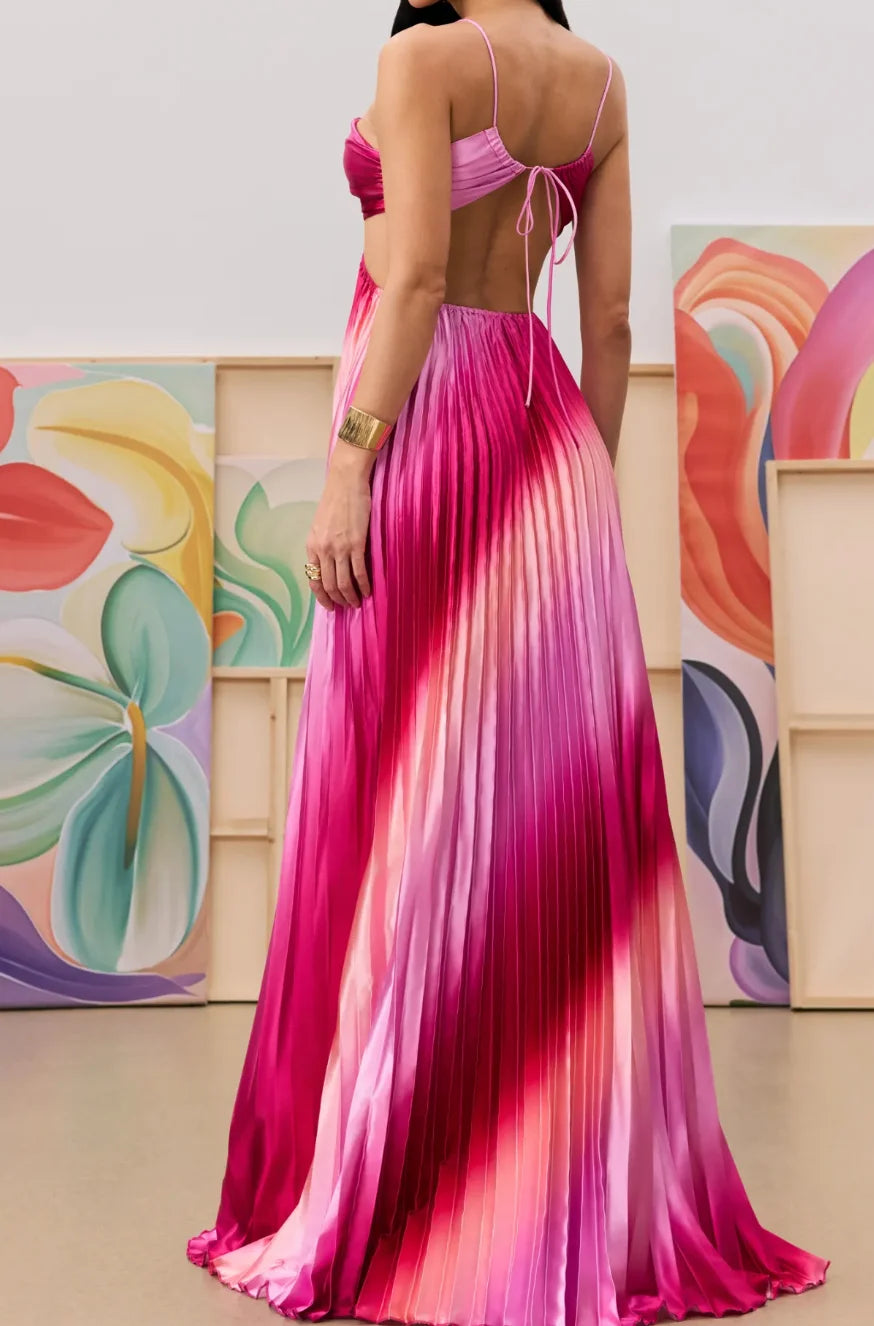 Women Spaghetti Strap Cutout Gradient Pleated Satin Maxi Evening Dress