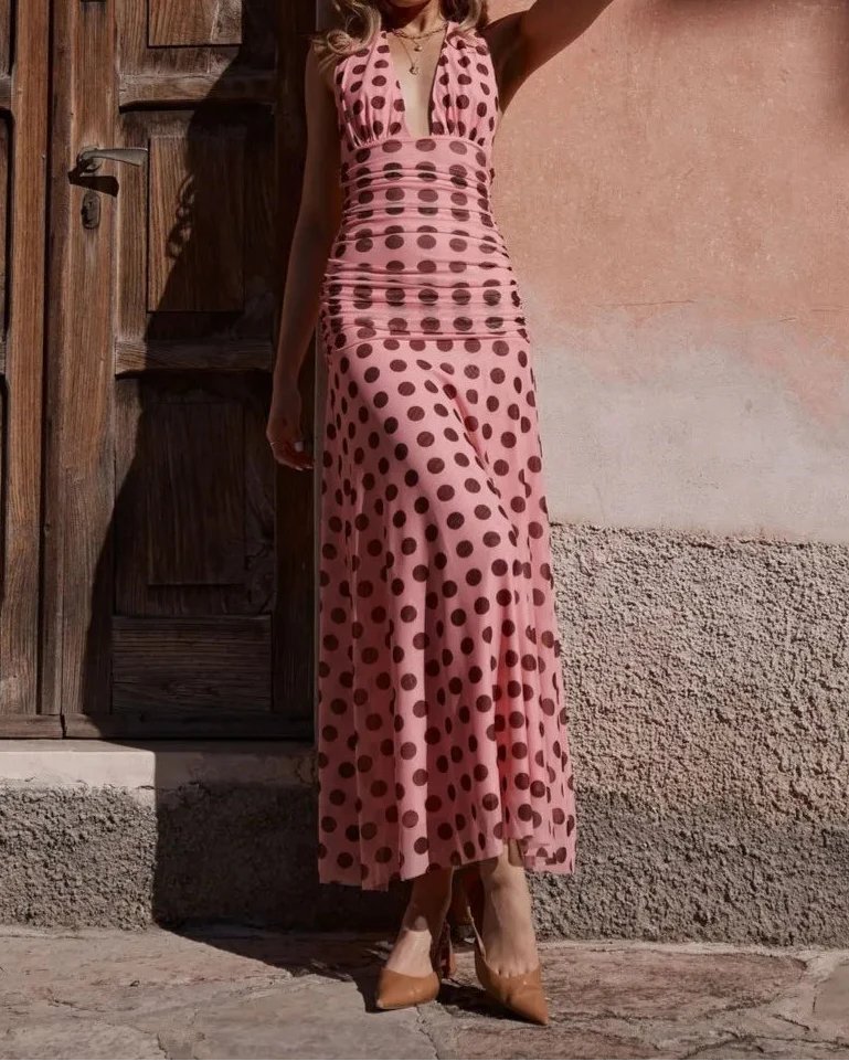 Pink Polka Dot Halter Backless Ruched Mesh Maxi Dress