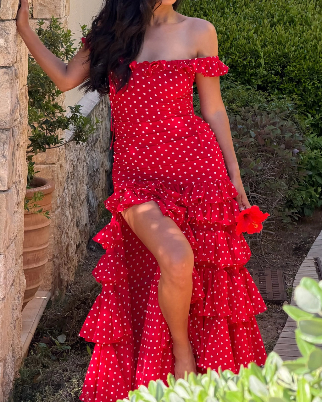 Polka Dot Off-Shoulder Tiered Ruffle Chiffon Maxi Dress